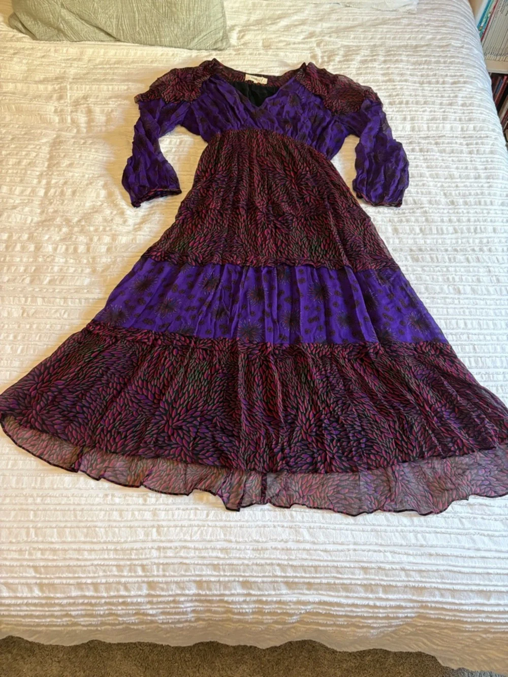 Purple Printed V-Neck Tiered Midi Dress - Picture 6 of 10